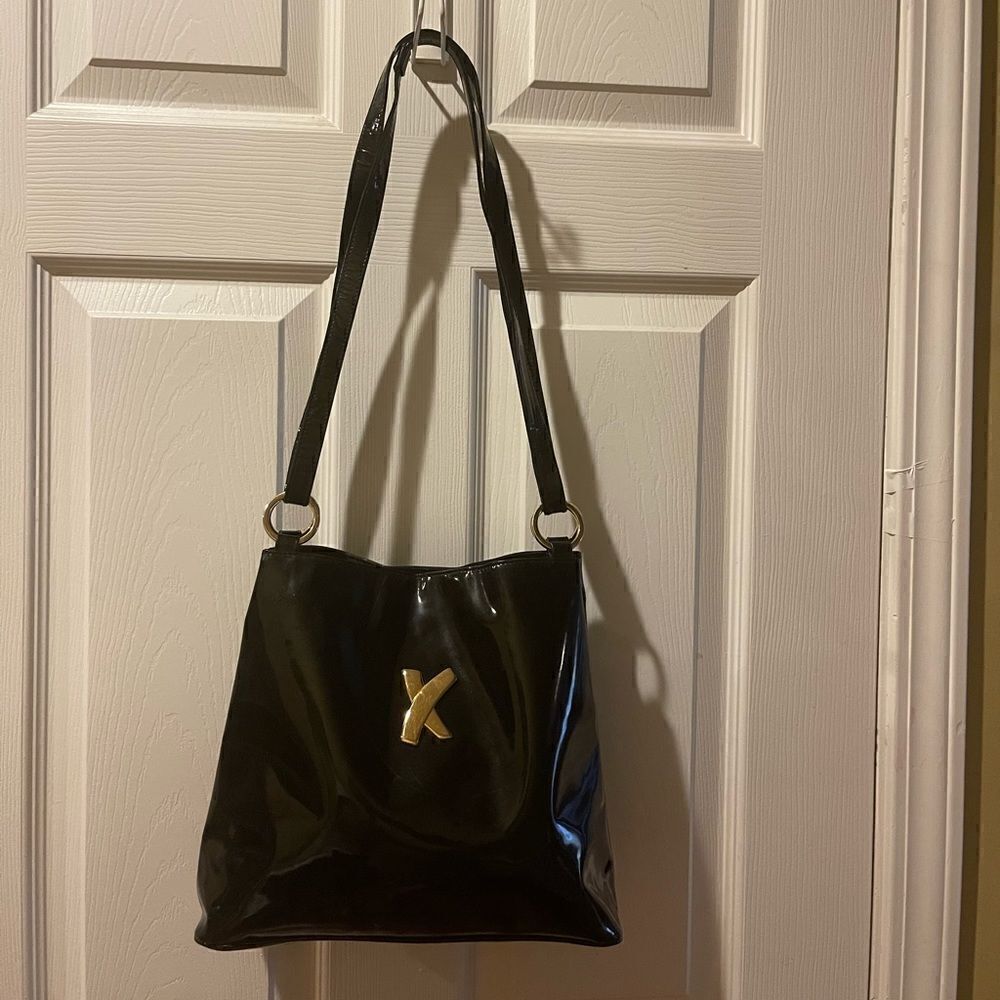 Paloma Picasso Made in Italy patent leather black shoulder bag gold tone accent
